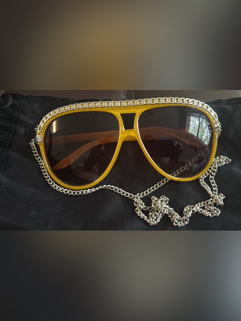 Yellow Aviator Sunglasses with Silver Chain for Women